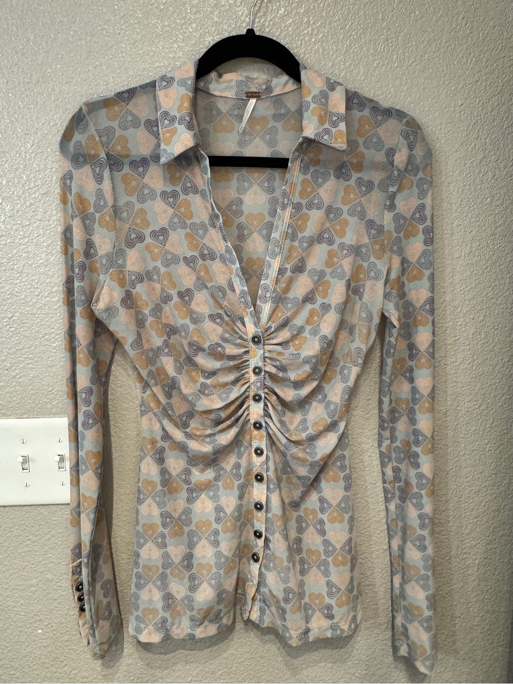Free People Lucky Shirtee Heart Print Mesh Ruched Button Front Top Size S